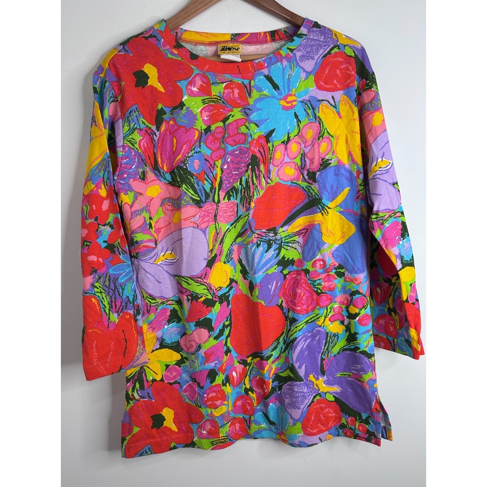 Ken Done Art Design Vintage Floral Print Top Multi Color Crewneck Abstract Sz M